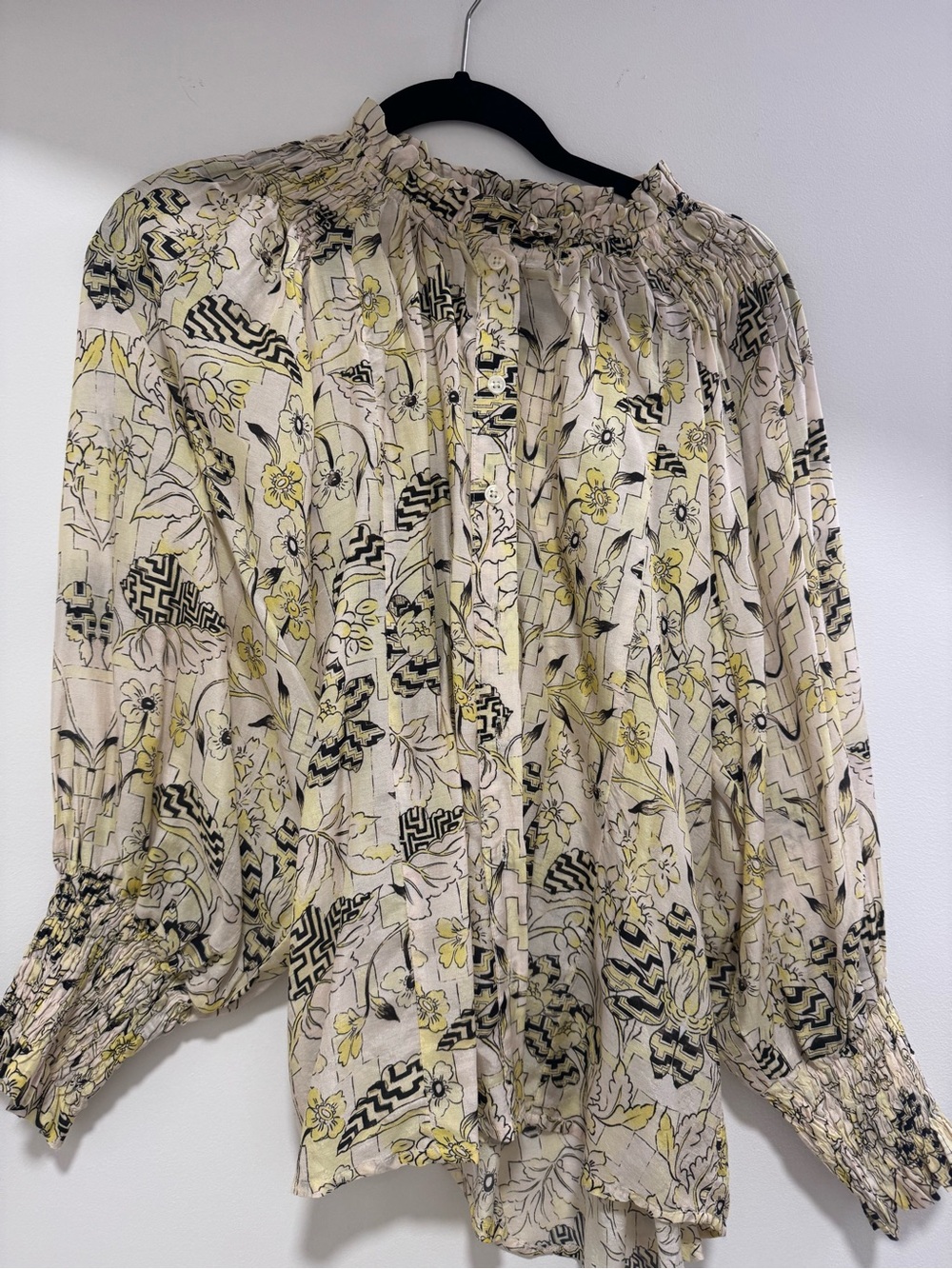 Smocked Neck Floral Blouse in Cream and Yellow